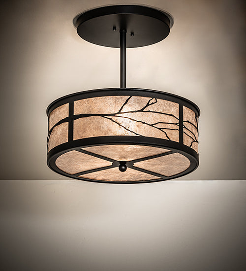 Meyda Lighting Branches 18" 2-Light Black Satin Wrought Iron Semi-flush Mount Light With Silver Mica Shade Glass