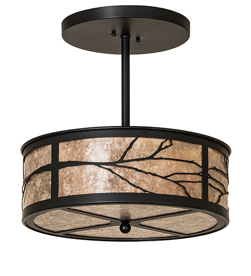 Meyda Lighting Branches 18" 2-Light Black Satin Wrought Iron Semi-flush Mount Light With Silver Mica Shade Glass