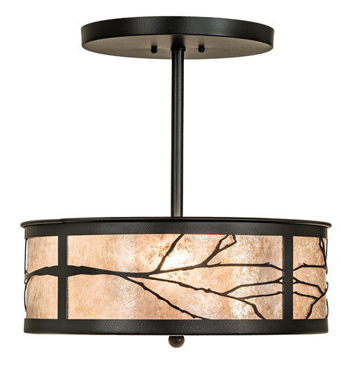 Meyda Lighting Branches 18" 2-Light Black Satin Wrought Iron Semi-flush Mount Light With Silver Mica Shade Glass