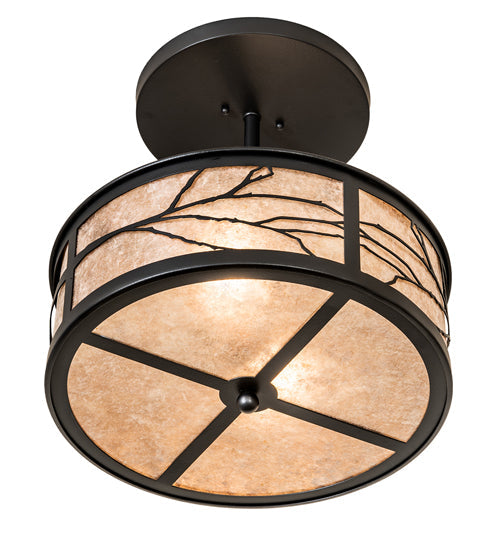 Meyda Lighting Branches 18" 2-Light Black Satin Wrought Iron Semi-flush Mount Light With Silver Mica Shade Glass