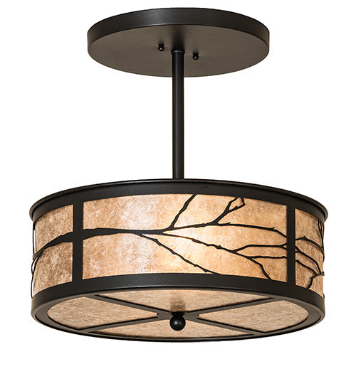 Meyda Lighting Branches 18" 2-Light Black Satin Wrought Iron Semi-flush Mount Light With Silver Mica Shade Glass