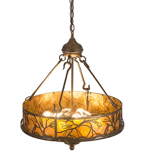 Meyda Lighting Branches 20" 8-Light Antique Copper Inverted Pendant Light With Amber Mica Shade Glass