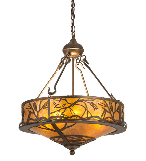 Meyda Lighting Branches 20" 8-Light Antique Copper Inverted Pendant Light With Amber Mica Shade Glass