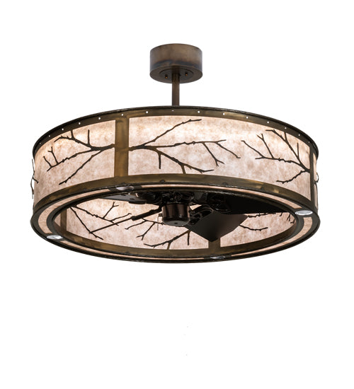 Meyda Lighting Branches 37" 4-Light LED Dark Burnished Antique Copper Chandelier With Silver Mica Shade Glass and Fan