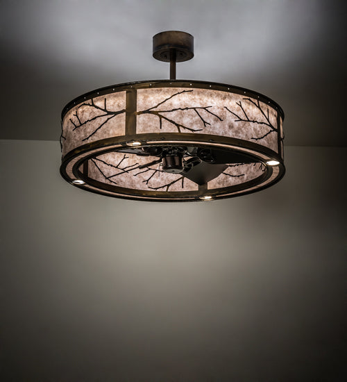 Meyda Lighting Branches 37" 4-Light LED Dark Burnished Antique Copper Chandelier With Silver Mica Shade Glass and Fan