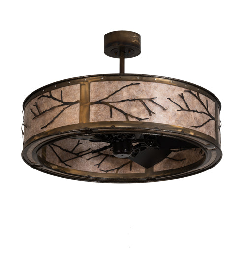Meyda Lighting Branches 37" 4-Light LED Dark Burnished Antique Copper Chandelier With Silver Mica Shade Glass and Fan