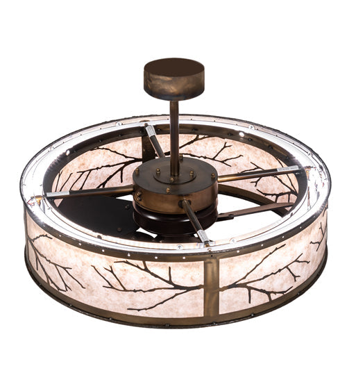 Meyda Lighting Branches 37" 4-Light LED Dark Burnished Antique Copper Chandelier With Silver Mica Shade Glass and Fan
