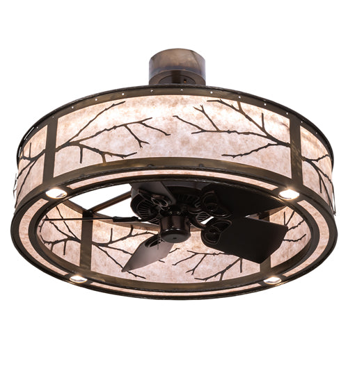 Meyda Lighting Branches 37" 4-Light LED Dark Burnished Antique Copper Chandelier With Silver Mica Shade Glass and Fan