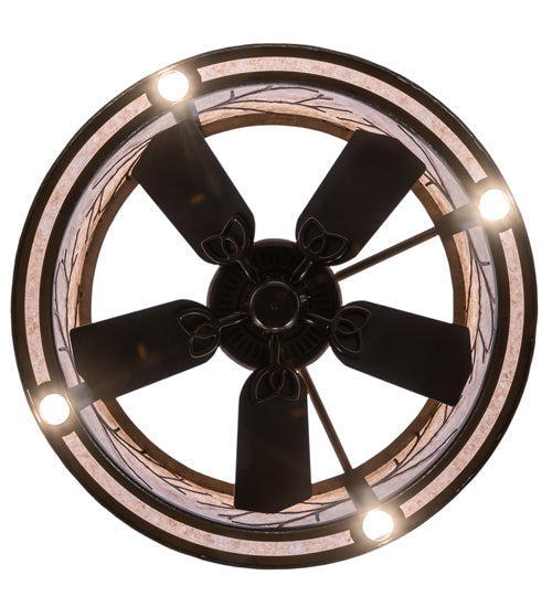 Meyda Lighting Branches 37" 4-Light LED Dark Burnished Antique Copper Chandelier With Silver Mica Shade Glass and Fan