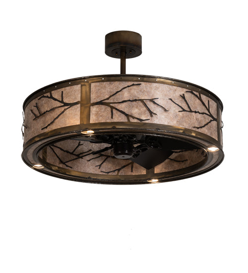 Meyda Lighting Branches 37" 4-Light LED Dark Burnished Antique Copper Chandelier With Silver Mica Shade Glass and Fan