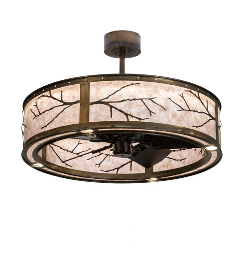 Meyda Lighting Branches 37" 4-Light LED Dark Burnished Antique Copper Chandelier With Silver Mica Shade Glass and Fan