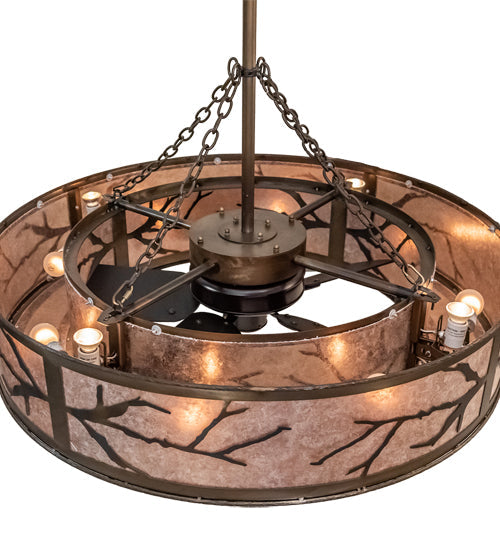 Meyda Lighting Branches 44" 16-Light Dark Burnished Antique Copper Chandelier With Silver Mica Shade Glass and Fan