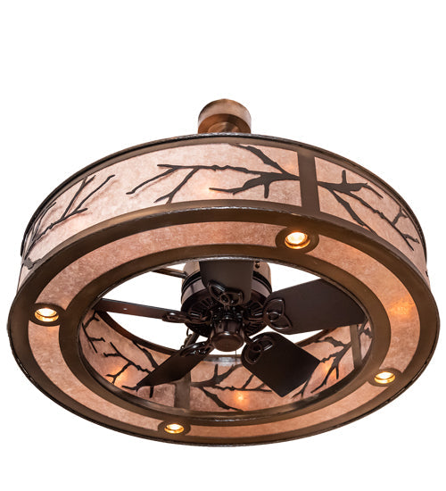 Meyda Lighting Branches 44" 16-Light Dark Burnished Antique Copper Chandelier With Silver Mica Shade Glass and Fan