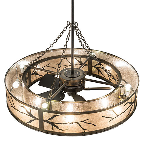 Meyda Lighting Branches 50" 8-Light Dark Burnished Antique Copper Chandelier With Silver Mica Shade Glass and Fan