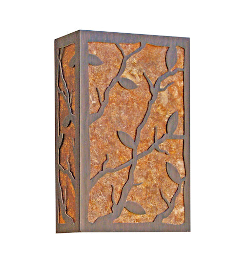 Meyda Lighting Branches With Leaves 10" 2-Light Rustic Iron Gold Wall Sconce With Amber Mica Shade Glass