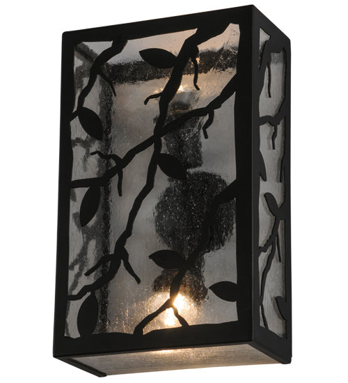 Meyda Lighting Branches with Leaves 10" 2-Light Blackwash Wall Sconce With Clear Seeded Shade Glass