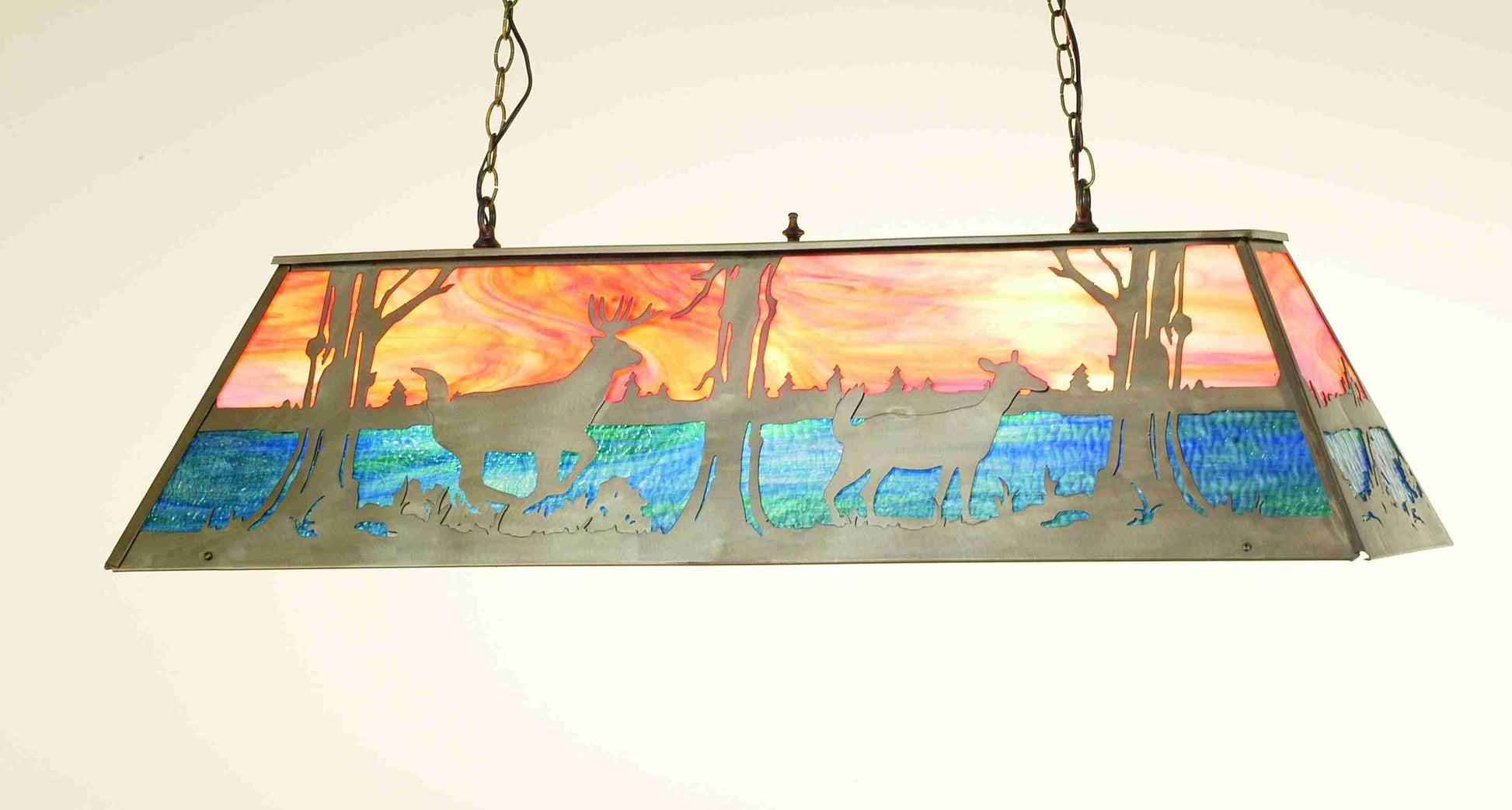Meyda Lighting Buck & Doe 48" 6-Light Antique Copper Island Pendant Light With Multi-Colored Shade Glass