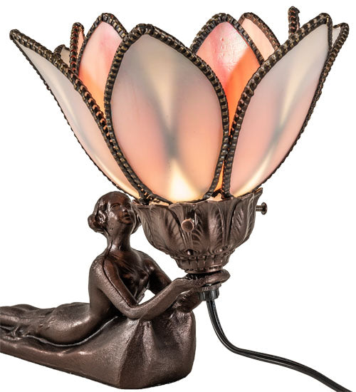 Meyda Lighting Bud 9" Mahogany Bronze Lady Accent Table Lamp With Pink & White Iridescent Shade Glass