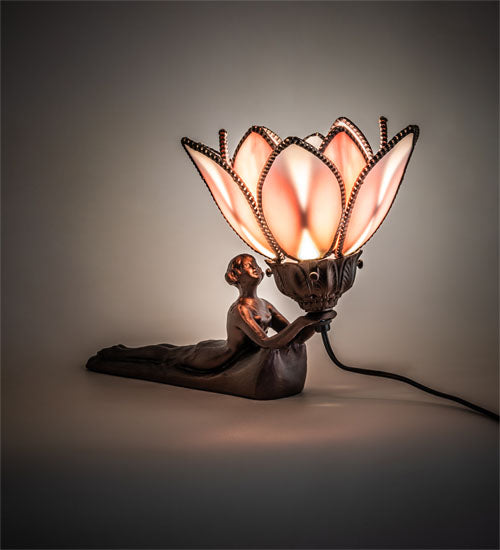 Meyda Lighting Bud 9" Mahogany Bronze Lady Accent Table Lamp With Pink & White Iridescent Shade Glass