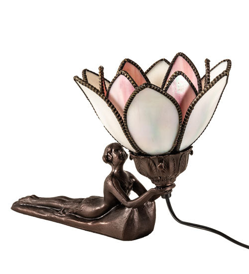 Meyda Lighting Bud 9" Mahogany Bronze Lady Accent Table Lamp With Pink & White Iridescent Shade Glass