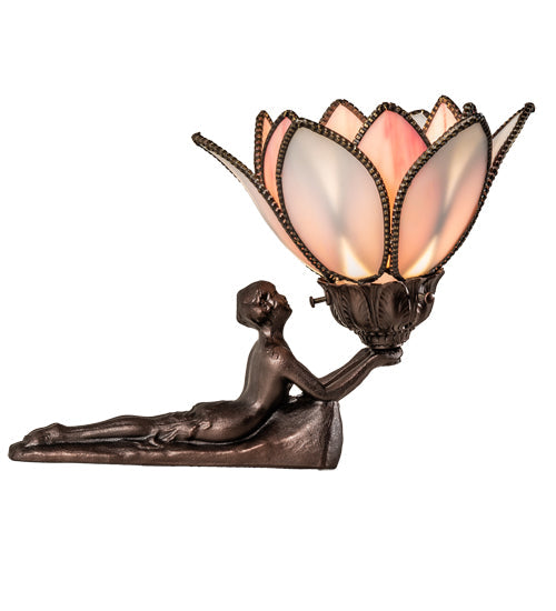 Meyda Lighting Bud 9" Mahogany Bronze Lady Accent Table Lamp With Pink & White Iridescent Shade Glass