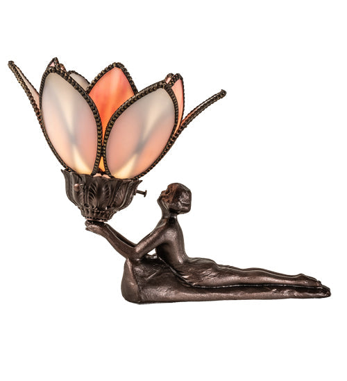 Meyda Lighting Bud 9" Mahogany Bronze Lady Accent Table Lamp With Pink & White Iridescent Shade Glass