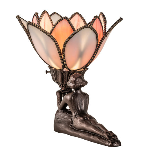 Meyda Lighting Bud 9" Mahogany Bronze Lady Accent Table Lamp With Pink & White Iridescent Shade Glass