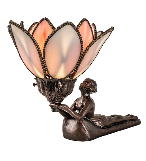 Meyda Lighting Bud 9" Mahogany Bronze Lady Accent Table Lamp With Pink & White Iridescent Shade Glass