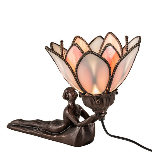 Meyda Lighting Bud 9" Mahogany Bronze Lady Accent Table Lamp With Pink & White Iridescent Shade Glass