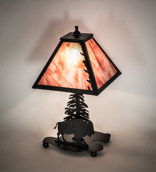 Meyda Lighting Buffalo 15" Textured Black Accent Table Lamp With Burgundy Art Shade Glass