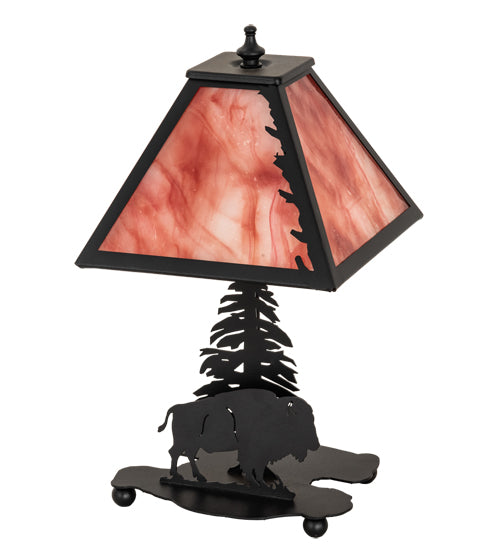Meyda Lighting Buffalo 15" Textured Black Accent Table Lamp With Burgundy Art Shade Glass