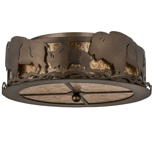 Meyda Lighting Buffalo 16" 2-Light Antique Copper Flush Mount Light With Amber Mica Shade Glass