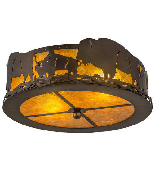 Meyda Lighting Buffalo 16" 2-Light Antique Copper Flush Mount Light With Amber Mica Shade Glass