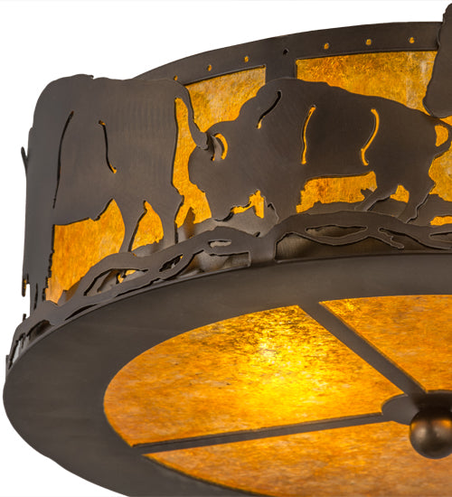 Meyda Lighting Buffalo 16" 2-Light Antique Copper Flush Mount Light With Amber Mica Shade Glass