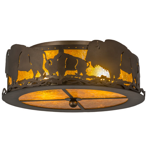 Meyda Lighting Buffalo 16" 2-Light Antique Copper Flush Mount Light With Amber Mica Shade Glass