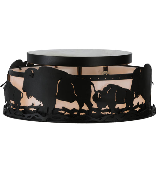 Meyda Lighting Buffalo 16" 2-Light Textured Black Flush Mount Light With White Statuario Idalight Shade Glass