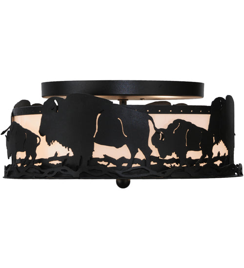 Meyda Lighting Buffalo 16" 2-Light Textured Black Flush Mount Light With White Statuario Idalight Shade Glass