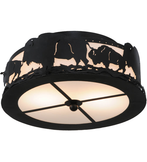 Meyda Lighting Buffalo 16" 2-Light Textured Black Flush Mount Light With White Statuario Idalight Shade Glass