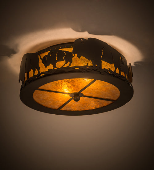 Meyda Lighting Buffalo 16" 2-Light Timeless Bronze Flush Mount Light With Amber Mica Shade Glass