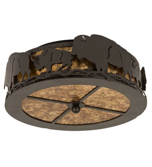 Meyda Lighting Buffalo 16" 2-Light Timeless Bronze Flush Mount Light With Amber Mica Shade Glass