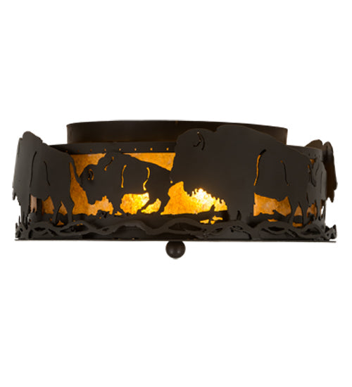Meyda Lighting Buffalo 16" 2-Light Timeless Bronze Flush Mount Light With Amber Mica Shade Glass