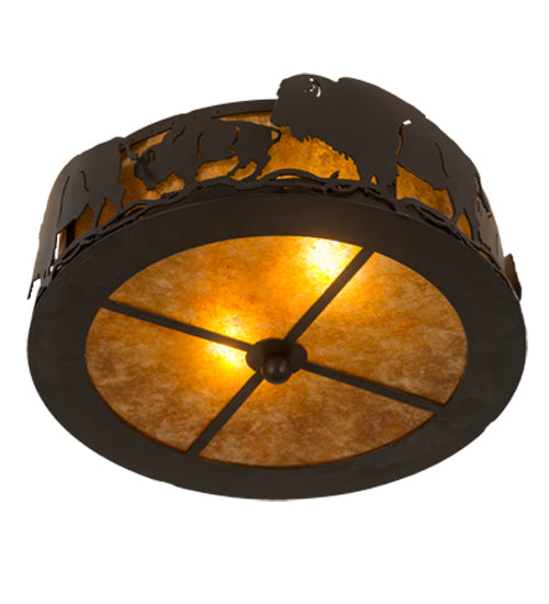Meyda Lighting Buffalo 16" 2-Light Timeless Bronze Flush Mount Light With Amber Mica Shade Glass