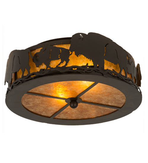 Meyda Lighting Buffalo 16" 2-Light Timeless Bronze Flush Mount Light With Amber Mica Shade Glass