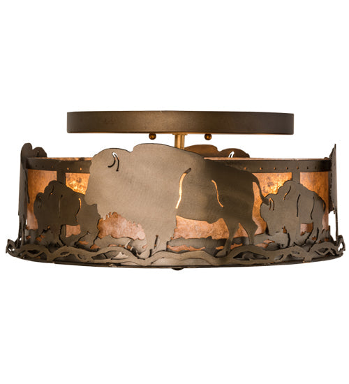 Meyda Lighting Buffalo 16" 4-Light Antique Copper Flush Mount Light With Silver Mica Shade Glass