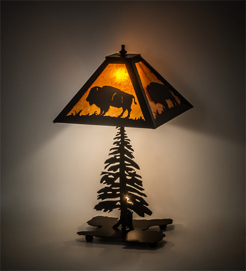 Meyda Lighting Buffalo 21" 2-Light Textured Black Table Lamp With Amber Mica Shade Glass and Lighted Base