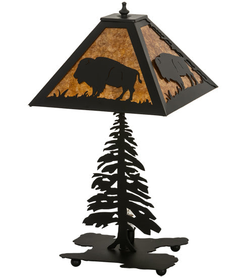 Meyda Lighting Buffalo 21" 2-Light Textured Black Table Lamp With Amber Mica Shade Glass and Lighted Base