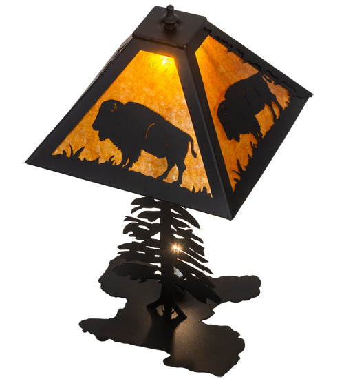 Meyda Lighting Buffalo 21" 2-Light Textured Black Table Lamp With Amber Mica Shade Glass and Lighted Base