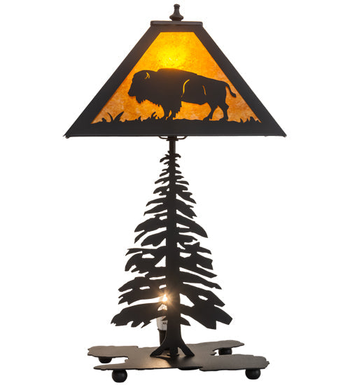 Meyda Lighting Buffalo 21" 2-Light Textured Black Table Lamp With Amber Mica Shade Glass and Lighted Base