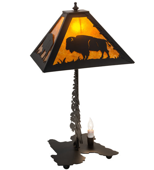 Meyda Lighting Buffalo 21" 2-Light Textured Black Table Lamp With Amber Mica Shade Glass and Lighted Base