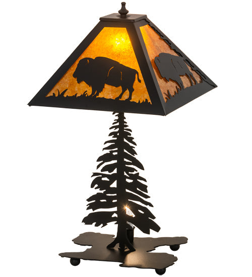 Meyda Lighting Buffalo 21" 2-Light Textured Black Table Lamp With Amber Mica Shade Glass and Lighted Base